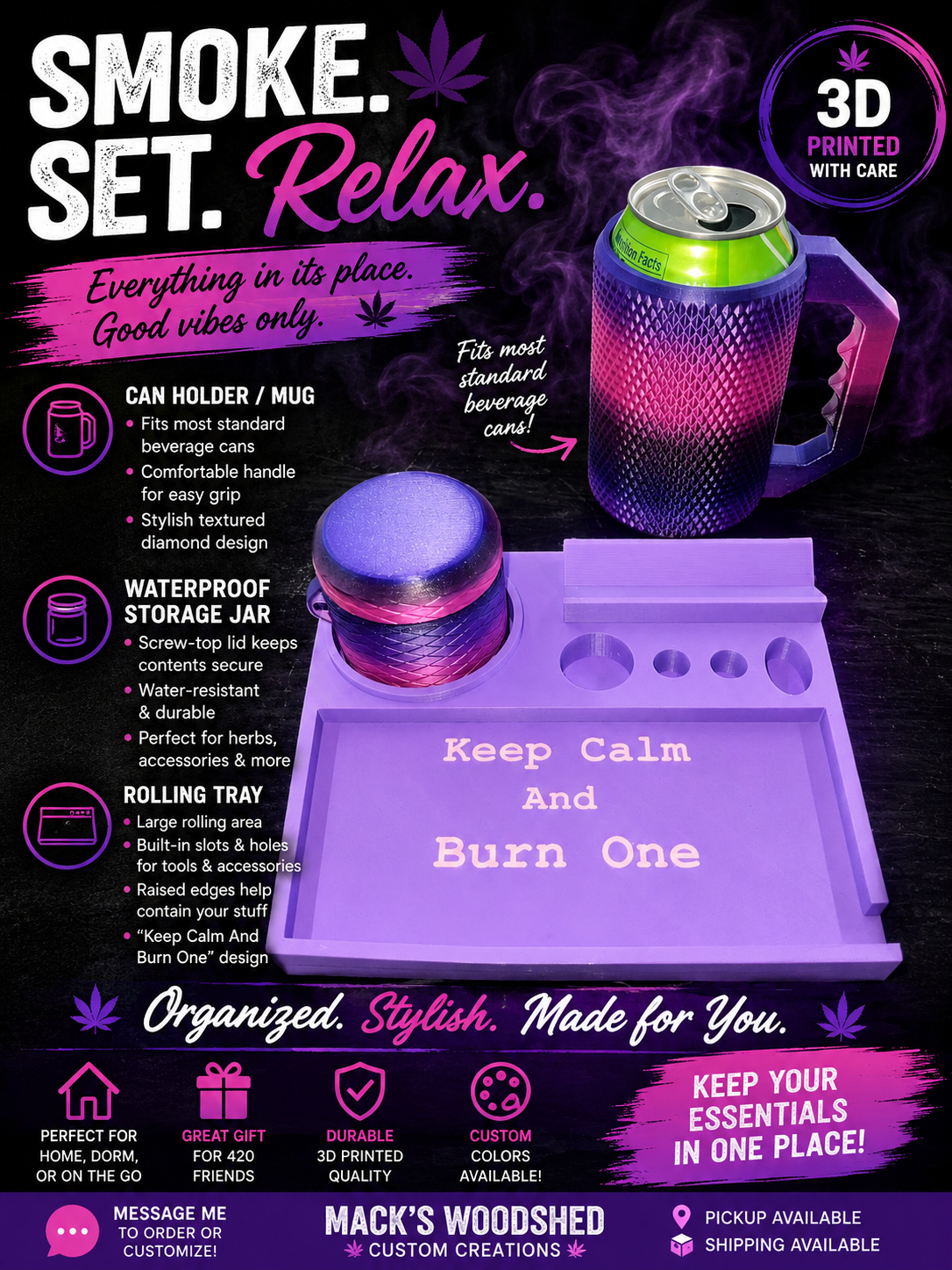 Stylish 3D-Printed Rolling Tray Set with Storage Jar and Can Holder