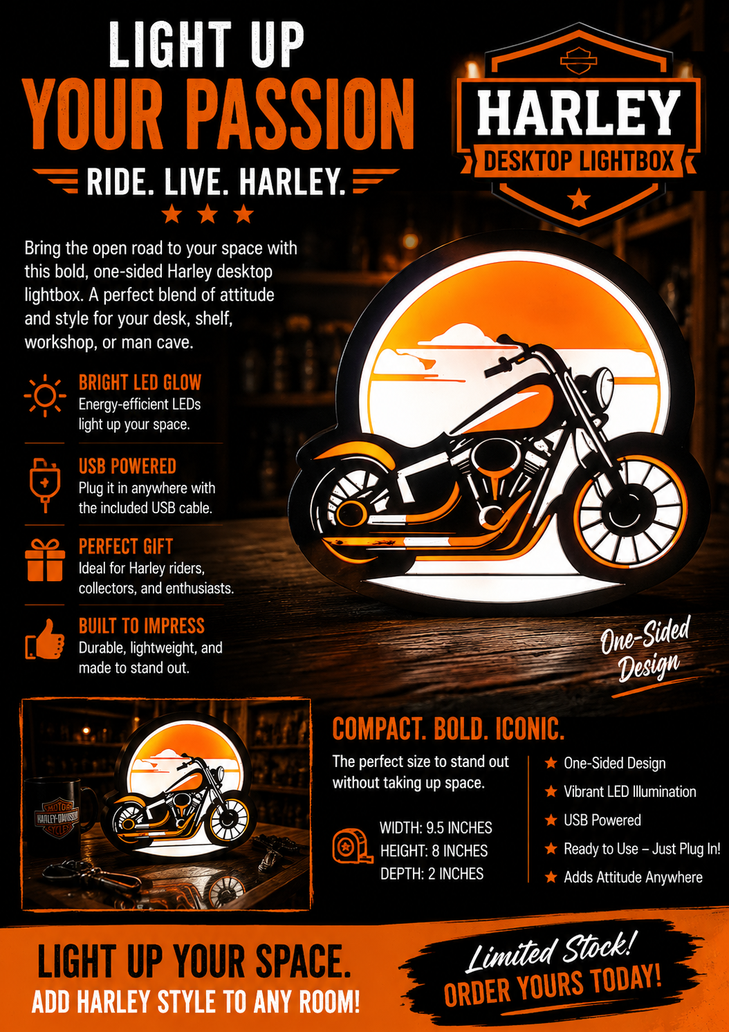 Motorcycle LED Light Box, USB Powered Garage Decor, Rider Gift, Man Cave Lighting, Motorcycle Workshop Sign, Biker Home Decor, Desk Lamp