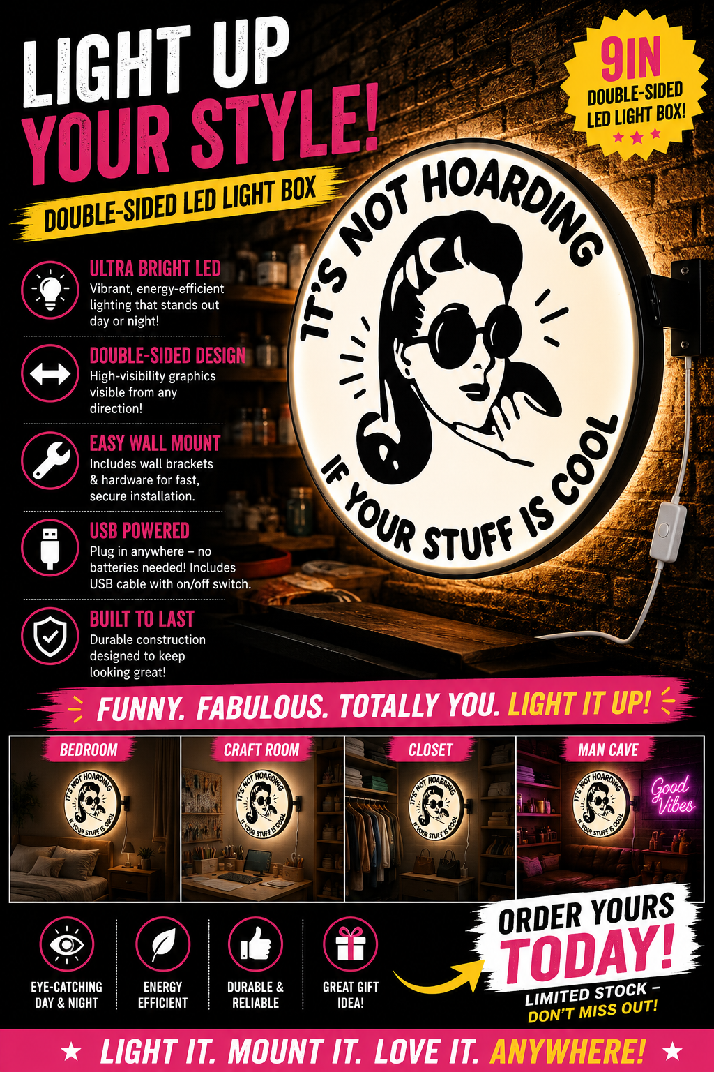 It’s Not Hoarding If Your Stuff Is Cool LED Light Box, Funny Collector Gift, Double-Sided USB Wall Light, Craft Room Decor, Man Cave Sign