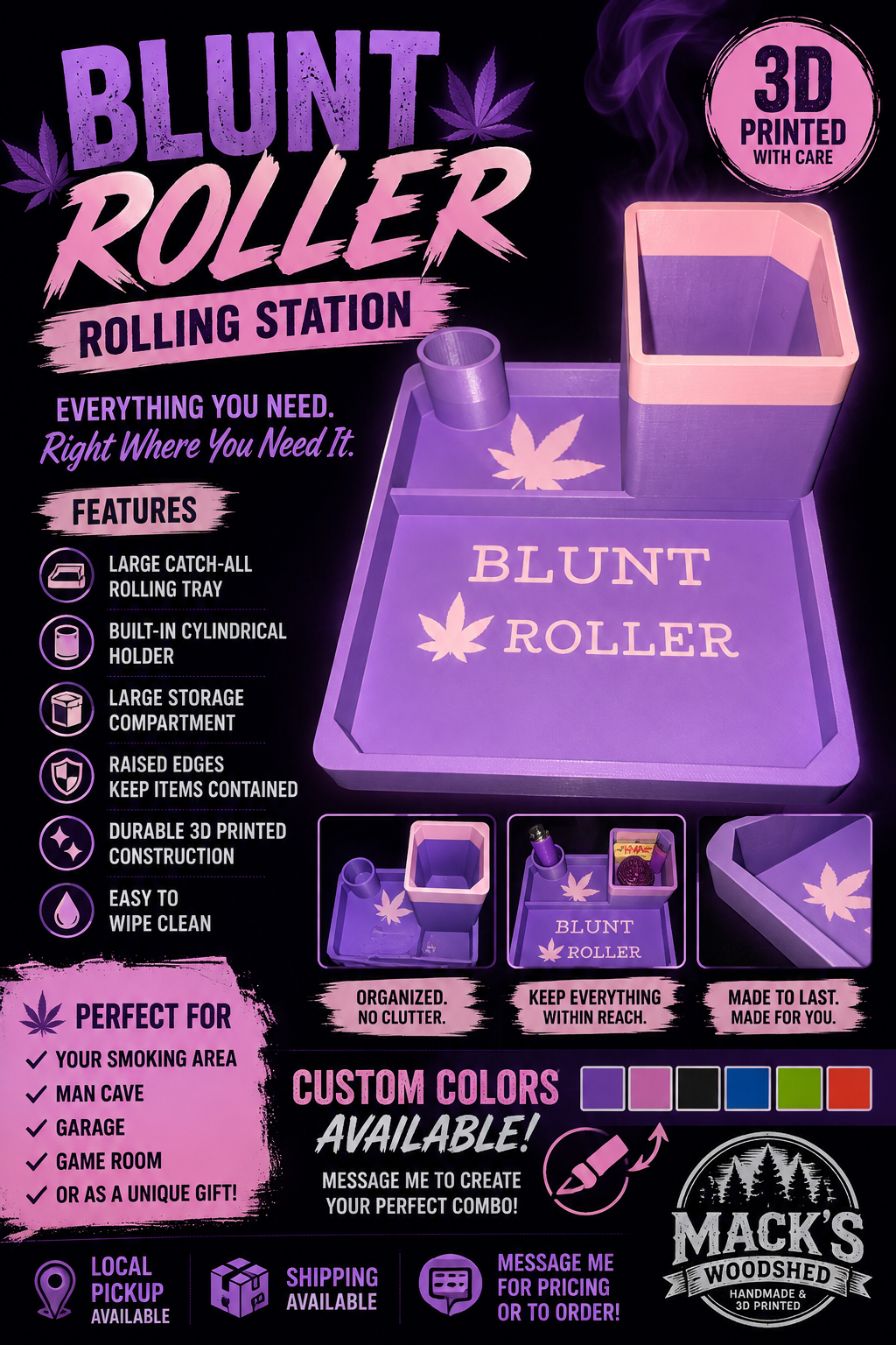 3D Printed Blunt Roller Rolling Station | Rolling Tray with Storage and Holder | Custom Color Smoking Organizer | Unique Gift
