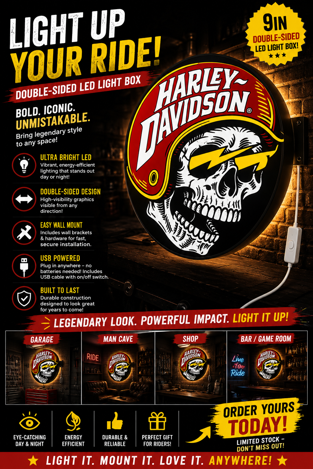 Harley Davidson Skull LED Light Box, 9 Inch Double Sided Motorcycle Garage Decor, USB Powered Man Cave Wall Light, Rider Gift