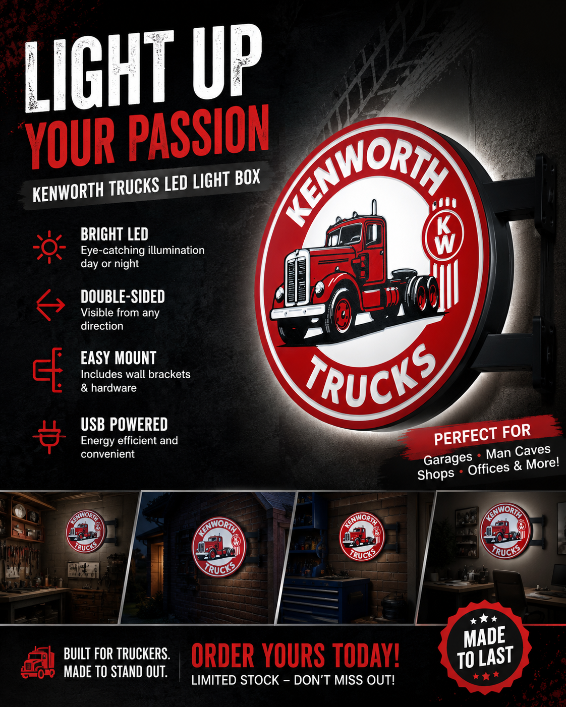 Kenworth Trucks LED Light Box, 9 Inch Double-Sided Truck Sign, Wall-Mounted Garage Décor, Trucker Gift, USB-Powered Man Cave Light