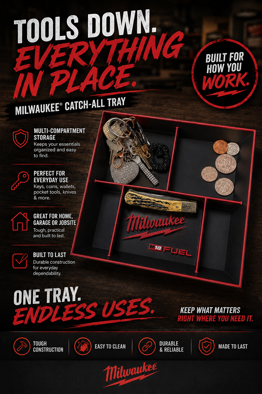 Milwaukee-Inspired 3D Printed Catch-All Tray with Multiple Compartments