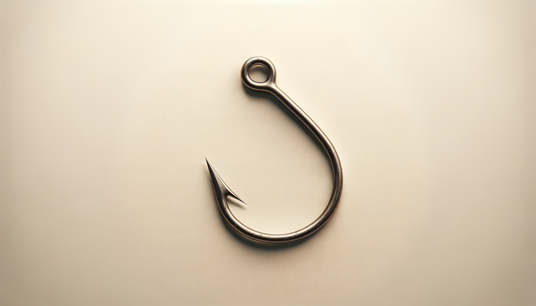 Close-up of a fishhook lying on a pale surface.