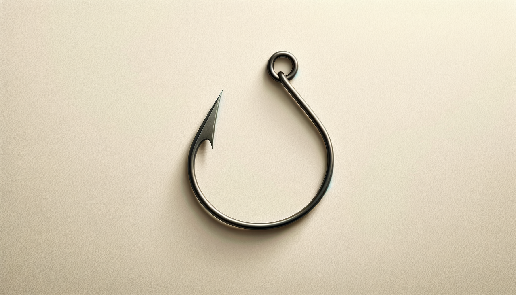 Close-up of a fishing hook on a plain, light-colored background.