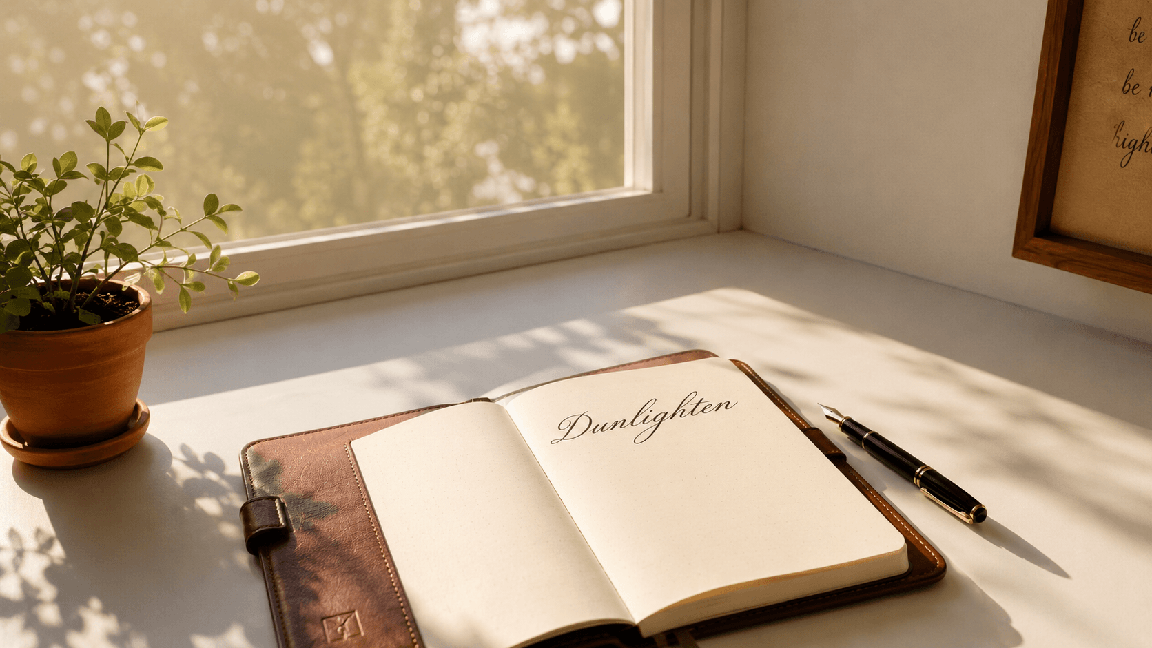 An open notebook with the word "Dunlighten" written on one page, a black and gold fountain pen beside it, a potted plant in a terracotta pot, and sunlight casting shadows on a white desk near a window.