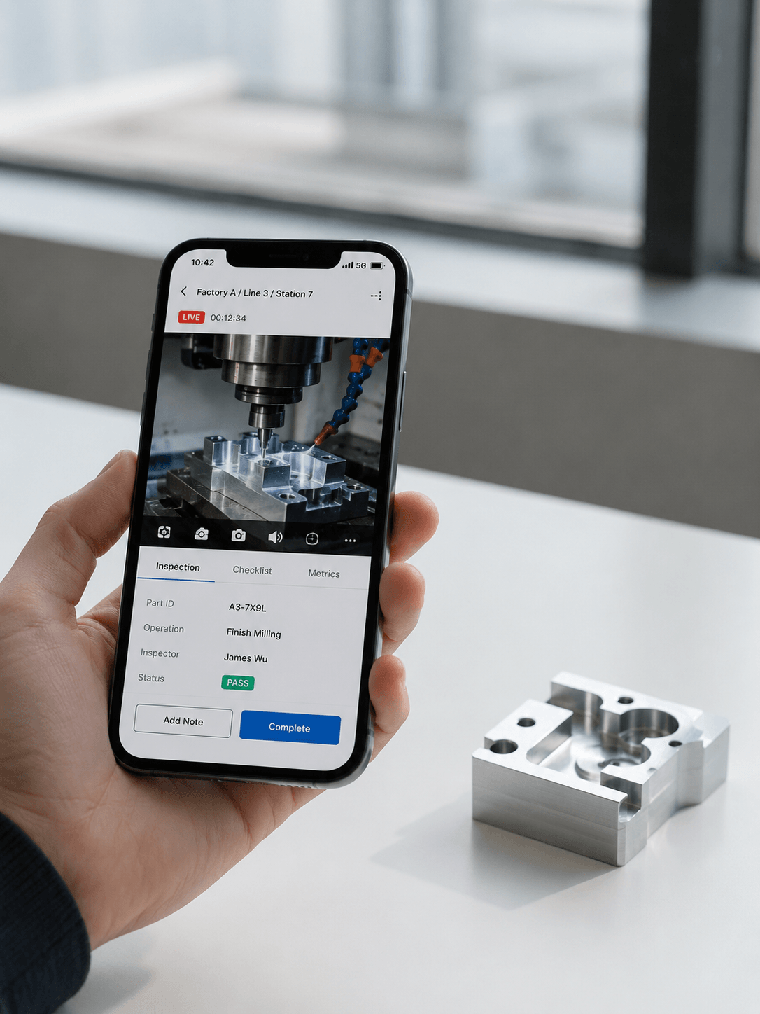 A person holding a smartphone recording a machining process at a factory, with a metal part in the background.