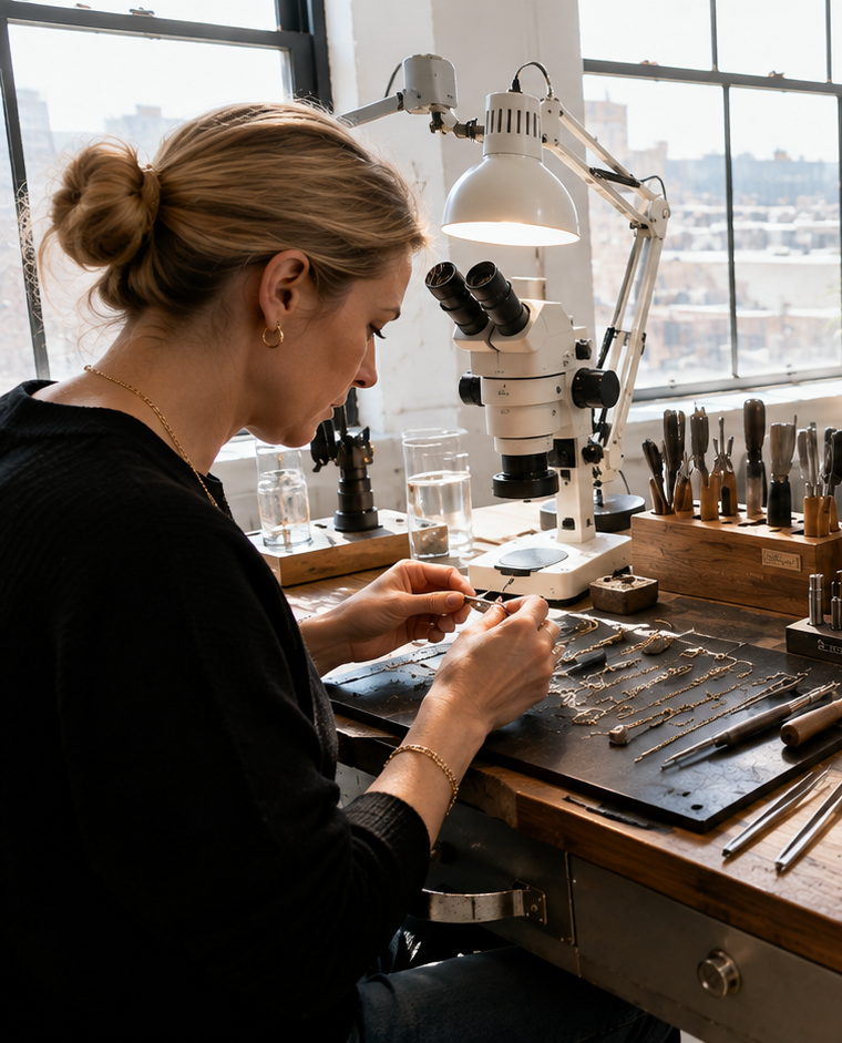 Woman working on jewelry inside a workshop with microscopes and tools.