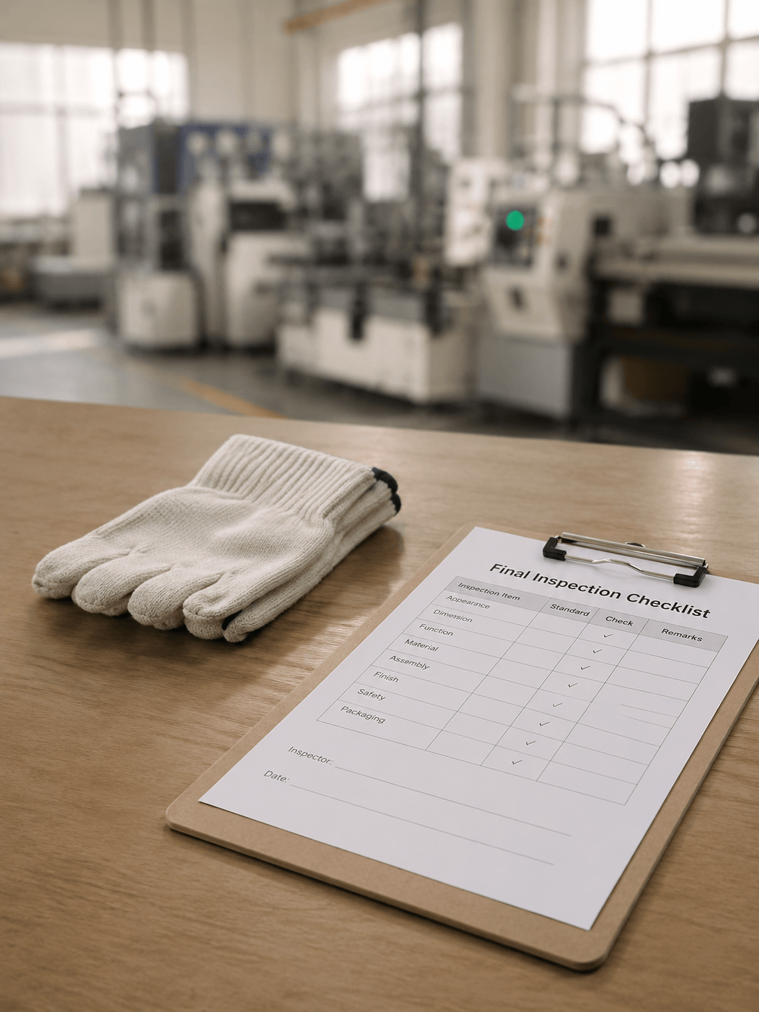 A pair of white work gloves and a clipboard with a final inspection checklist on a wooden table in an industrial setting.
