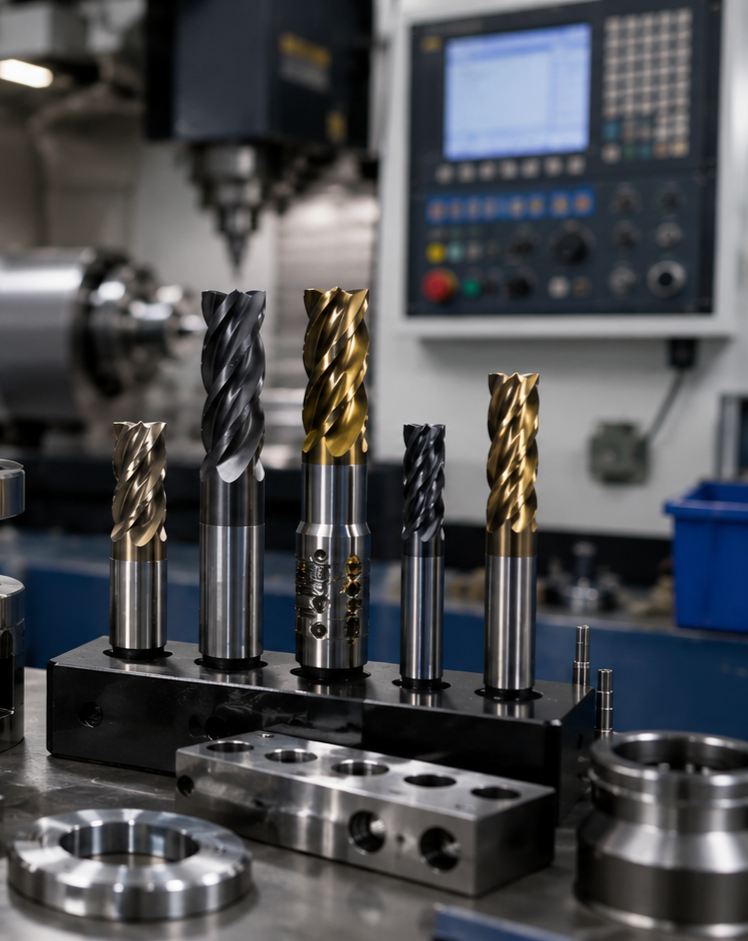 Close-up of multiple metal drill bits of varying sizes, with some gold-colored, arranged upright on a black holder in a machine shop environment with CNC machines and control panels in the background.