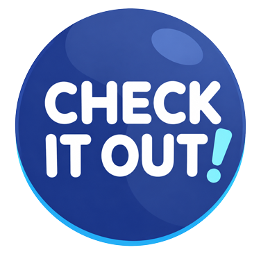 A circular blue badge with the text "CHECK IT OUT!" in white and light blue letters.