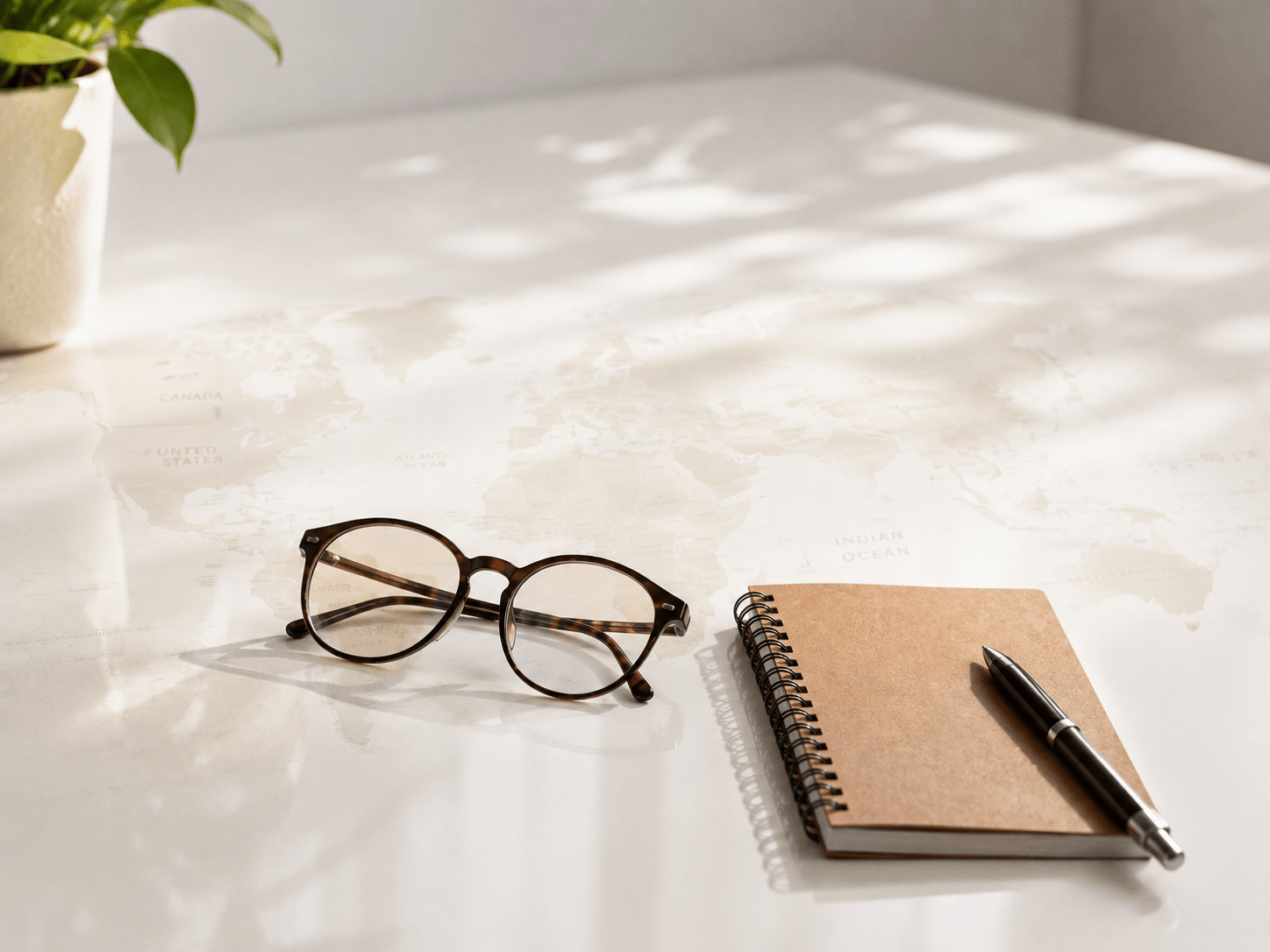 A pair of tortoiseshell glasses, a brown spiral notebook, and a black pen on a white table with a faint world map underneath. A potted plant with green leaves is partially visible in the top left corner.