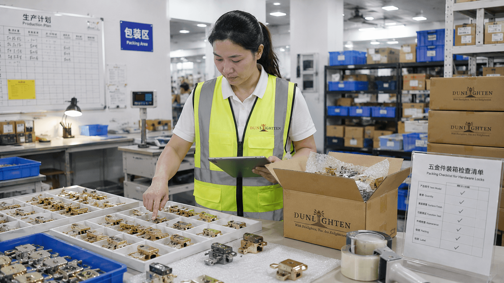 A woman wearing a yellow safety vest and white polo shirt with a logo inspects hardware locks on a production table in a warehouse or factory. She is holding a tablet and pointing at specific locks arranged in white trays. Behind small shelves filled with boxes and products, a packing checklist and packing area are visible.