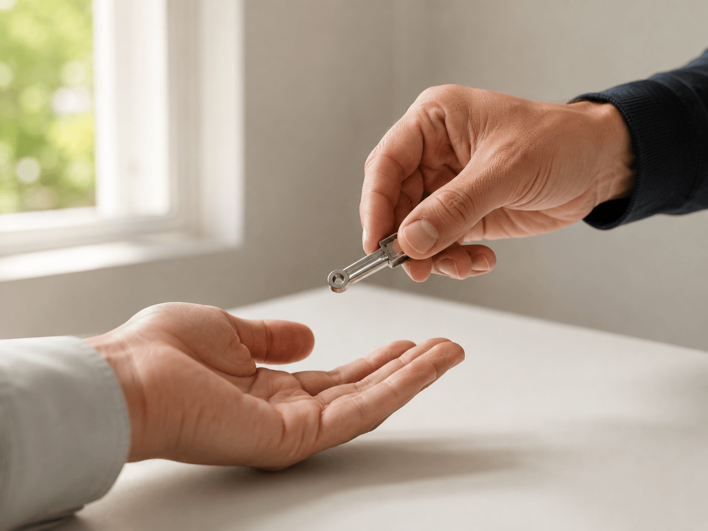 A person is handing over a metal piece to another person with their palm open, near a window with green trees outside.