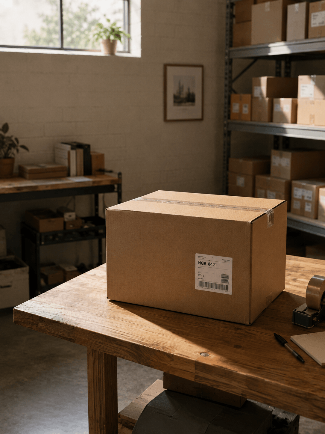 A cardboard box on a wooden workbench in a storage or warehouse space, with shelves of boxes and a window in the background.