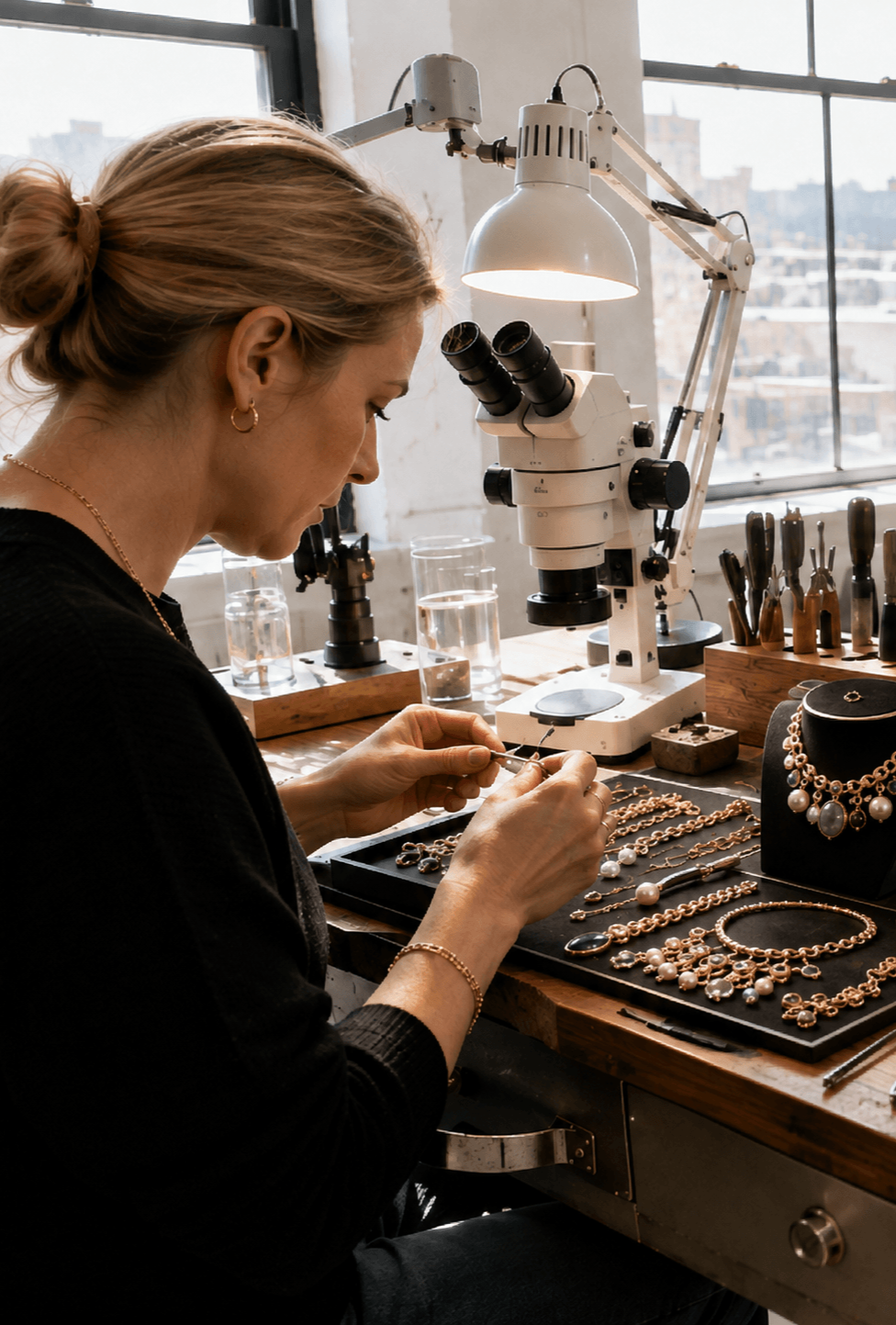 A woman working on jewelry in a well-lit workshop with large windows, using a microscope and various tools, with jewelry displayed on the table.