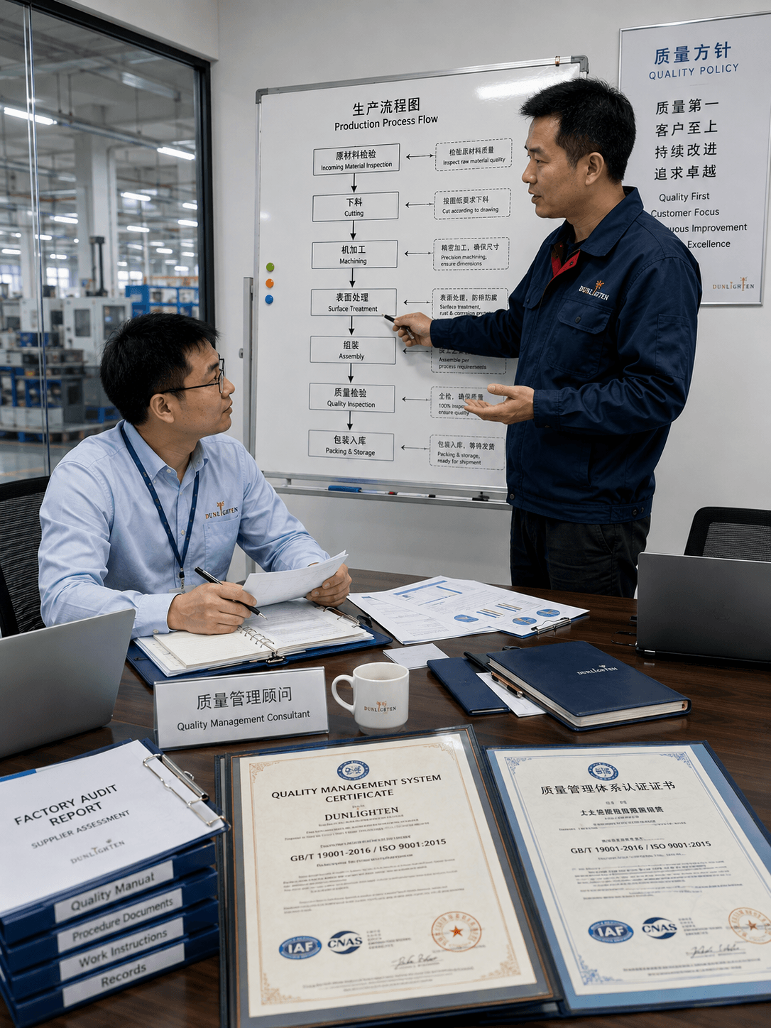Two men in a meeting room discussing production process flow charts, with quality management certificates and documents on the table.