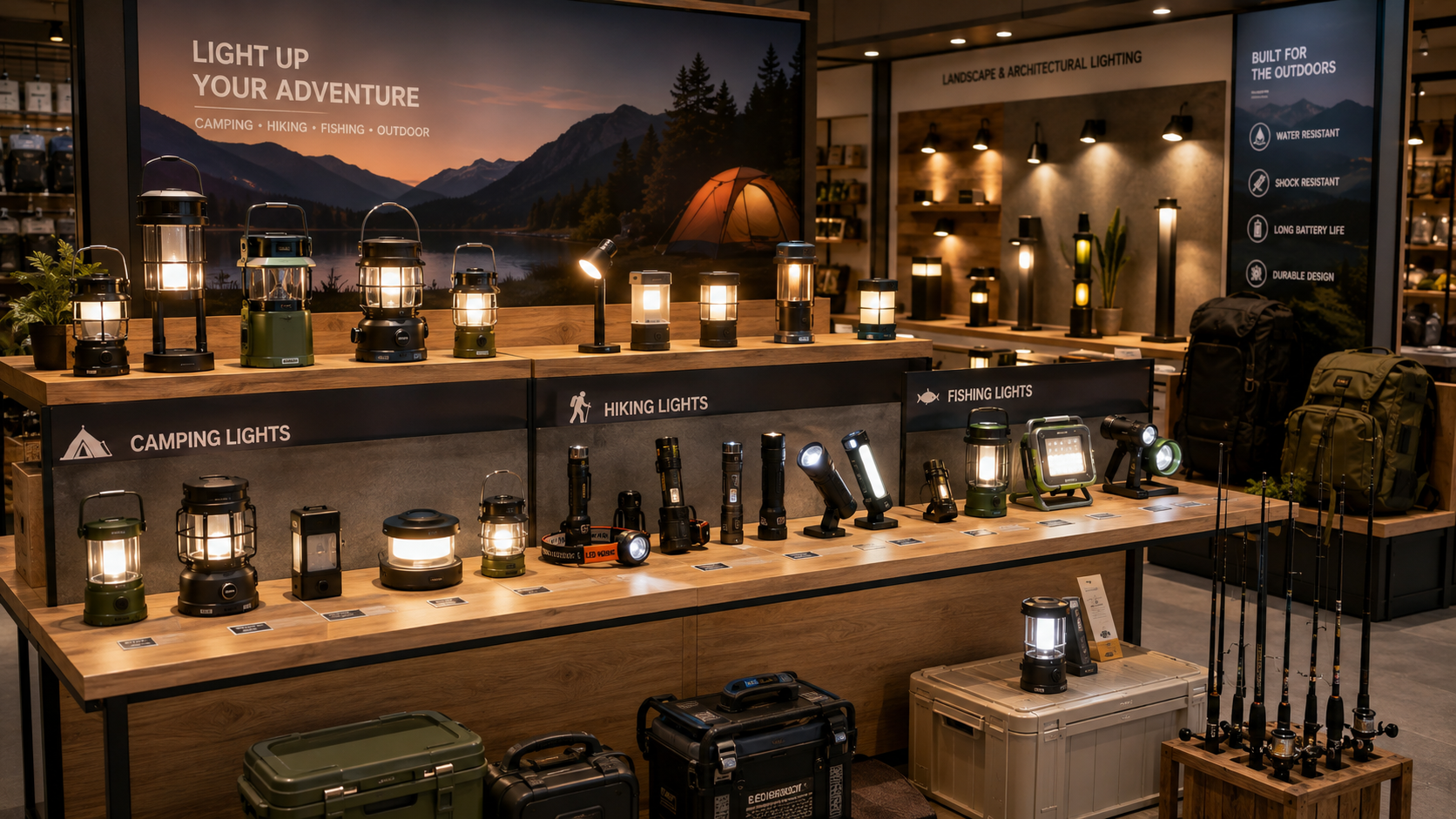 Display of outdoor lighting products including camping, hiking, and fishing lights in a retail store, organized on wooden tables with signage for each category.