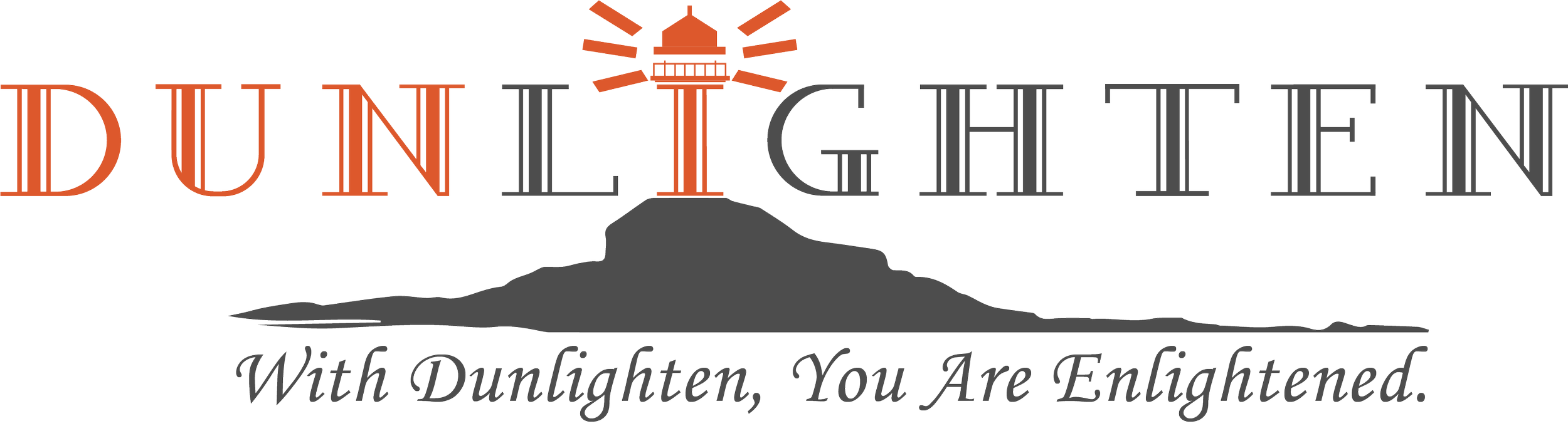 Logo of Dunlighen, featuring a lighthouse on a hill with rays of light emanating from it, and the text "Dunlighen" with the slogan "With Dunlighen, You Are Enlightened."