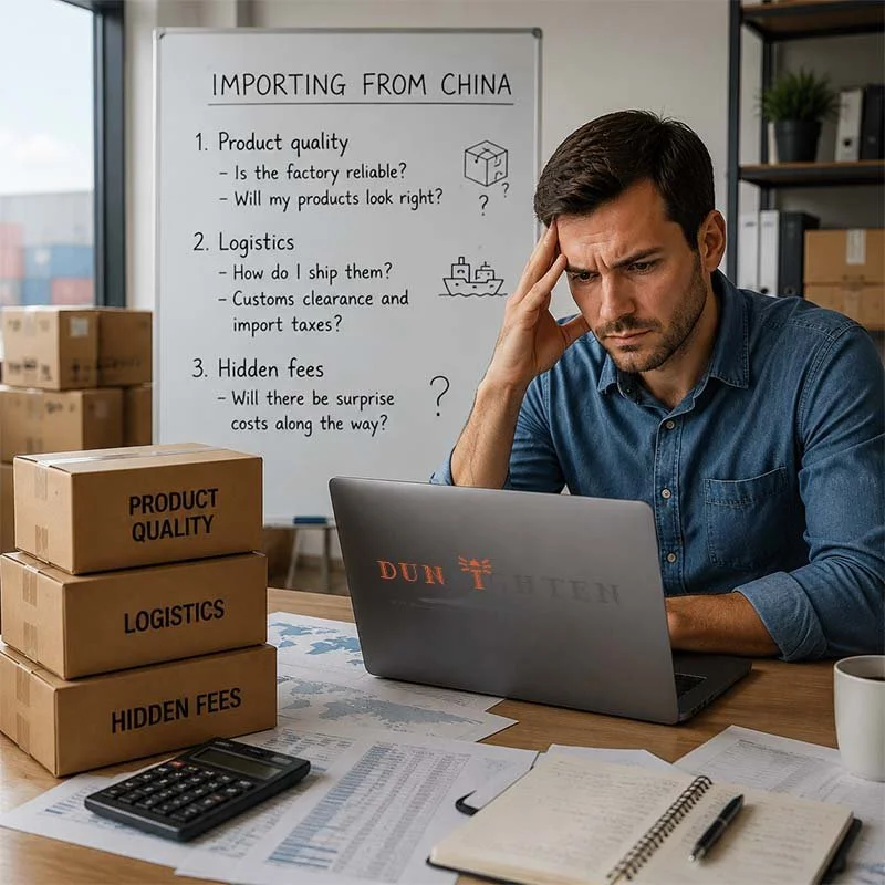 A man looking worried at his laptop in an office with boxes labeled 'Product Quality', 'Logistics', and 'Hidden Fees' on the table, and a whiteboard behind him with notes on importing from China.