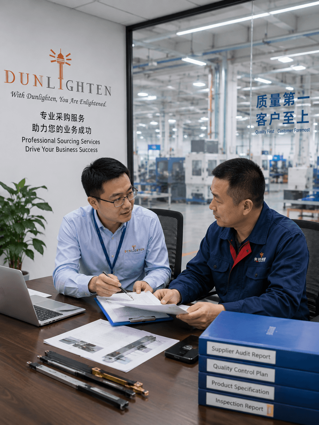 Two men sitting at a desk having a business discussion, with documents and boxes labeled 'Supplier Audit Report,' 'Quality Control Plan,' 'Product Specification,' and 'Inspection Report.' Behind them, a sign reads 'DUNLIGHTEN' with a tagline and service description, and a factory floor can be seen through the glass wall.