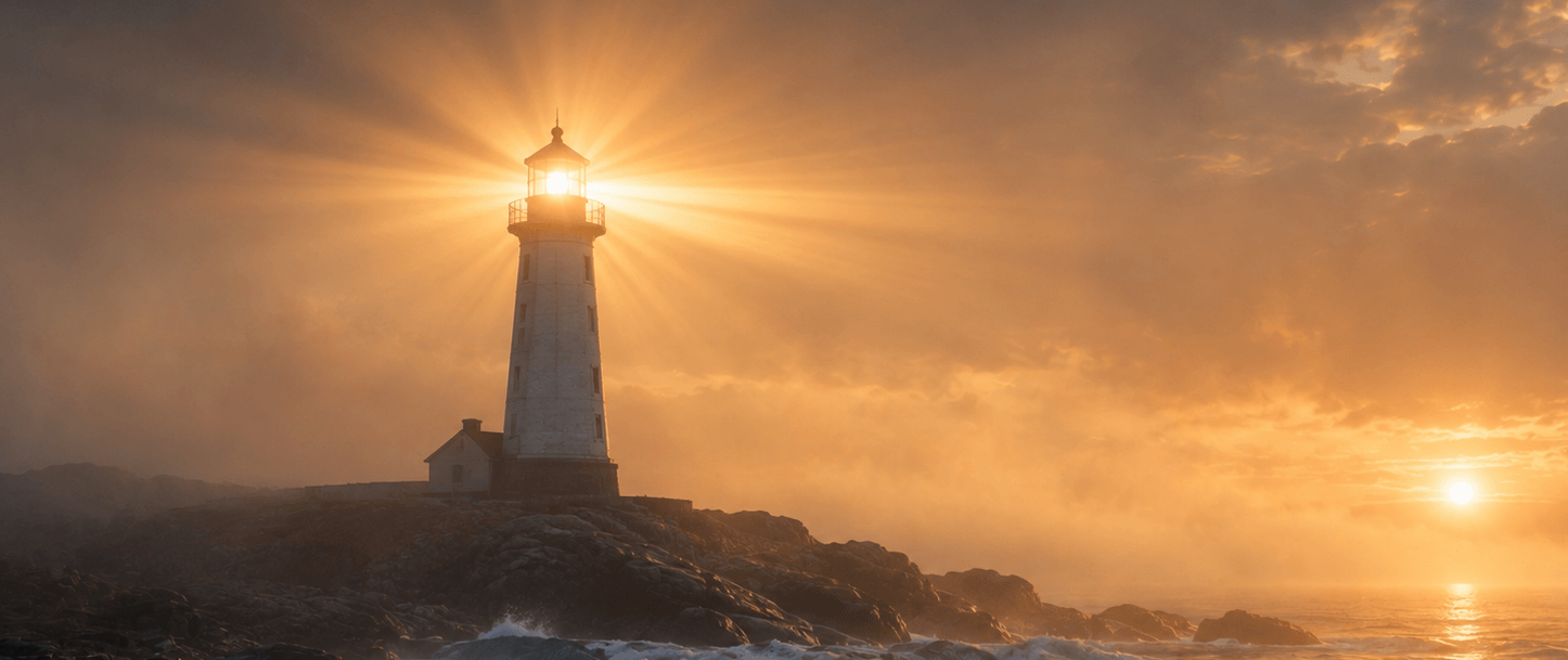 A lighthouse on rocky coast at sunset, with the sun shining through its top and illuminating the sky with orange and yellow hues.