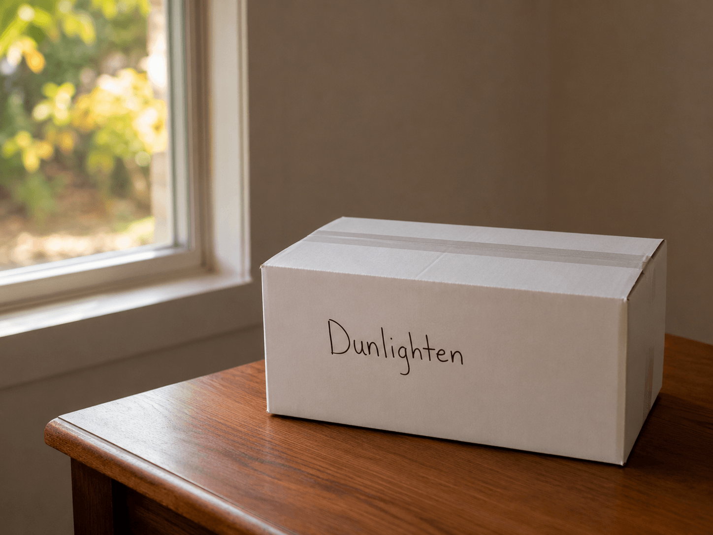 A white cardboard box labeled 'Dunlighten' placed on a wooden table near a window with greenery outside.