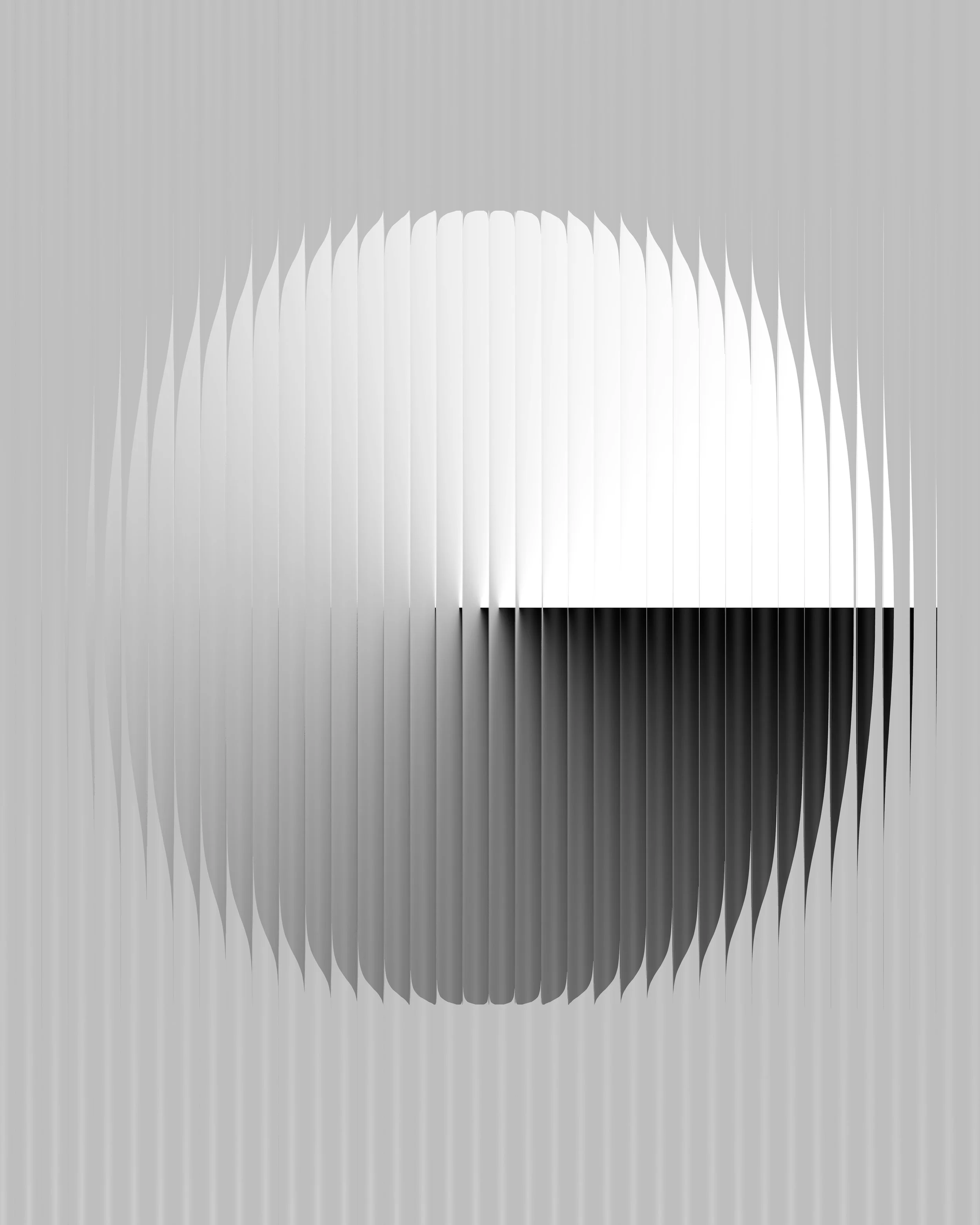 A grayscale abstract image with vertical lines and curves creating a symmetrical pattern with a circular gradient in the center.