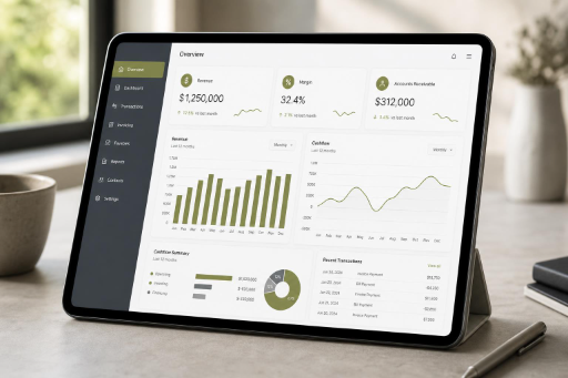 Een digitale tablet op een bureau toont financiële gegevens en grafieken, met planten op de achtergrond.