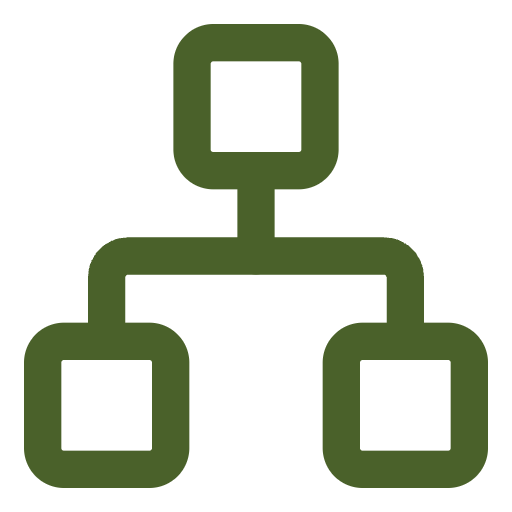 Diagram van een netwerk of hiërarchische structuur met vierkante knooppunten en verbindingslijnen