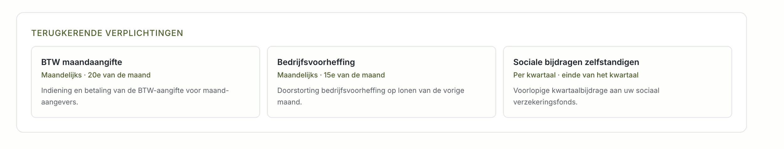 Screenshot van een online formulier met sectie 'Teruggave Verplichtingen', inclusief drie kaarten met titels: 'BTW maandaangifte', 'Bedrijfsvoorheffing', en 'Sociale bijdragen zelfstandigen', met bijbehorende beschrijvingen en datums.