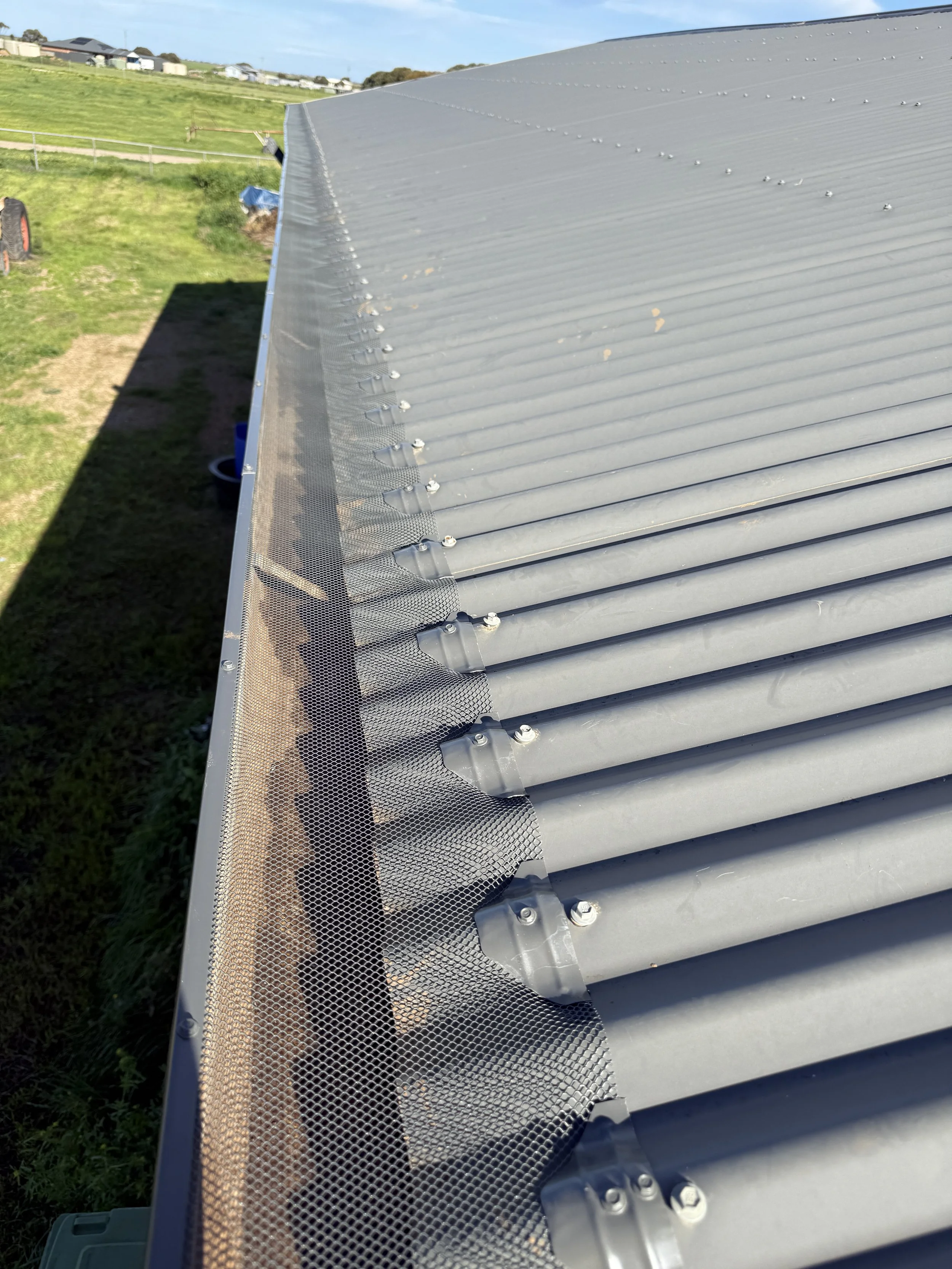 Mesh gutter guard along a Colorbond roof gutter