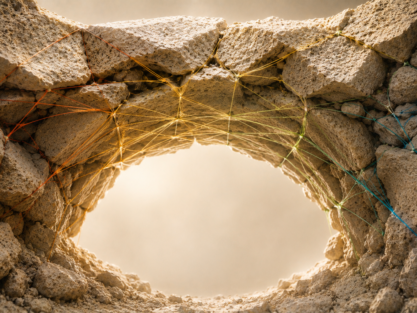 Een beeld van een ronde opening in een muur van oude, ruwe stenen, die wordt vastgemaakt met kleurrijke draden en draadspinnen, met een lichtgevende rand rondom.