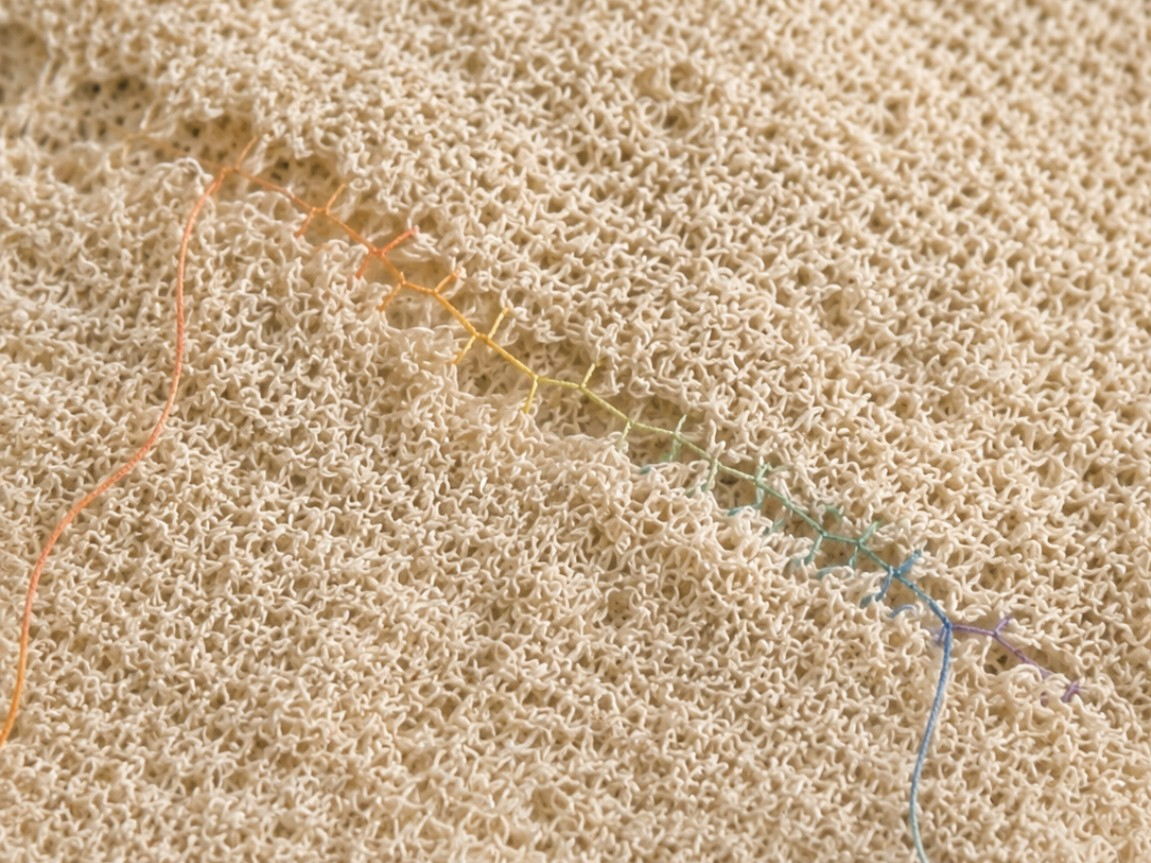 Een dunne, kleurrijke draad ligt op een textuurrijke, beige ondergrond die eruitziet als een soort spons of korrelig materiaal.