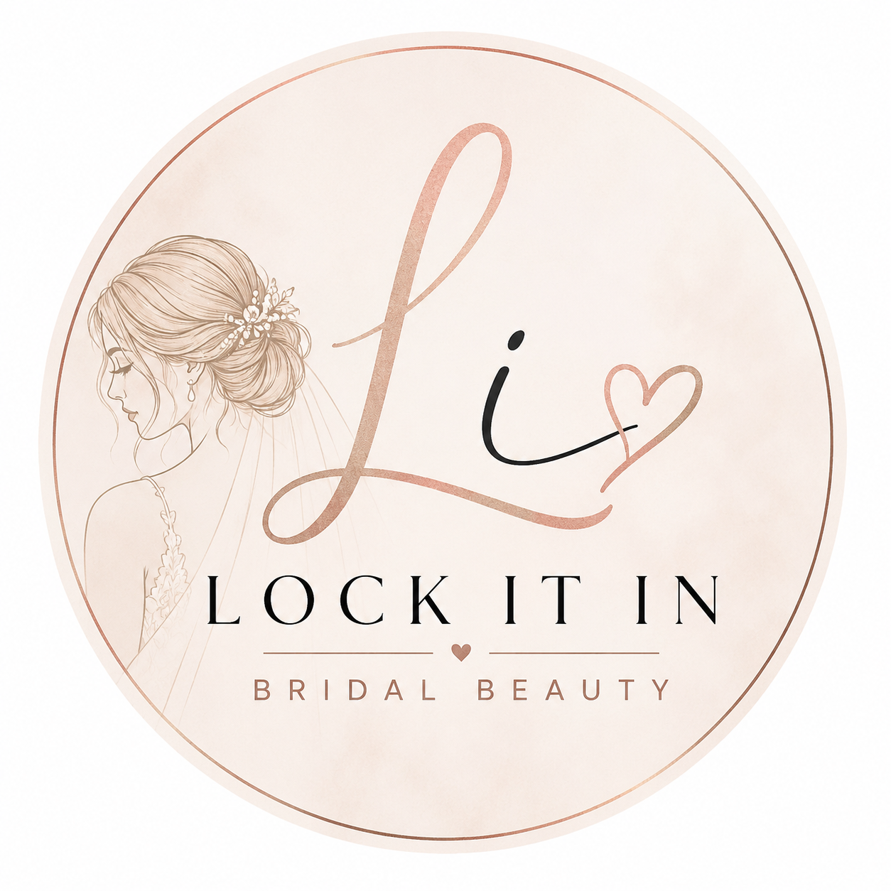 A circular logo for Lock It In Bridal Beauty featuring a line drawing of a bride with a floral updo hairstyle and a strap dress on the left, and stylized text 'L❤️' with the word 'LOCK IN' underneath, and a small heart with the words 'BRIDAL BEAUTY' at the bottom.