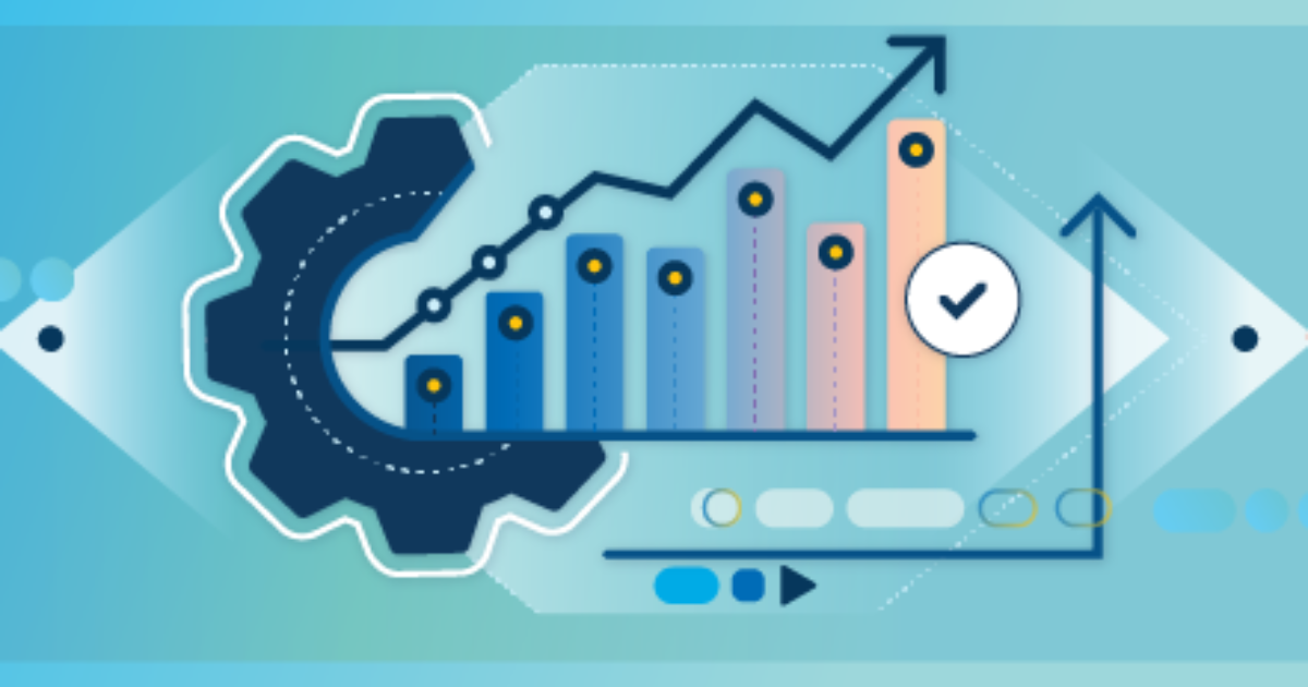 A graphic illustration showing a gear, a line graph, and bar chart indicating growth or progress, with a check mark.