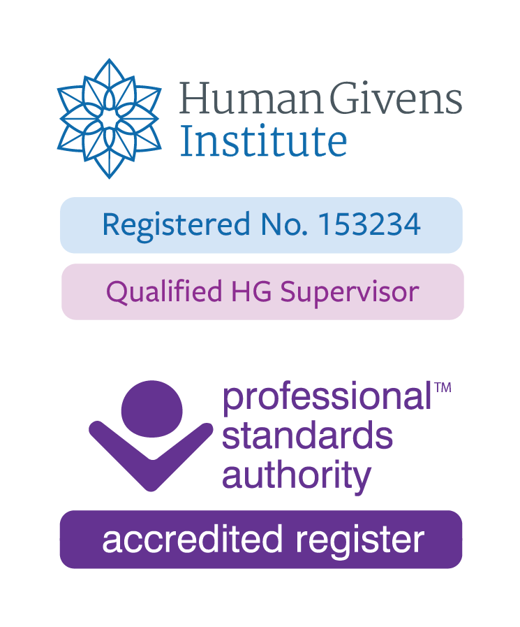 A certification badge from the Human Givens Institute indicating registration number 153234 and qualification as a qualified HG supervisor. It also shows the Professional Standards Authority accreditation.