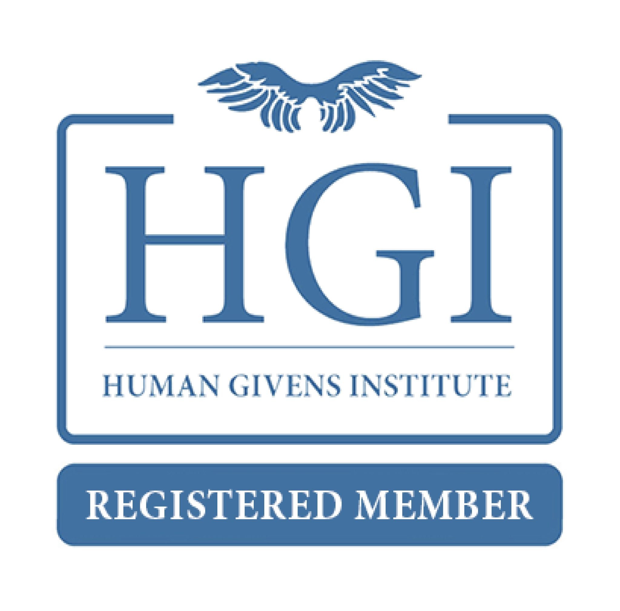 Official letter-sized badge with blue and white design, featuring the Human Givens Institute logo at the top with a stylized bird, and text indicating the person is a registered member who is deactivated.