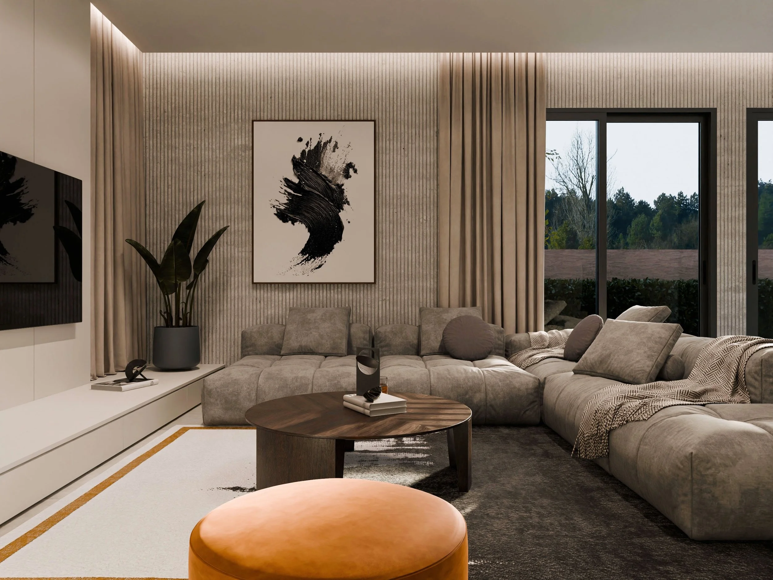Texture, tone, and tranquility. Step inside the living area of the Seven Villas Complex.

Designed to be a sanctuary of modern comfort, this living room embraces a moody, earthy aesthetic that invites you to unwind. We focused on tactile richness: fr