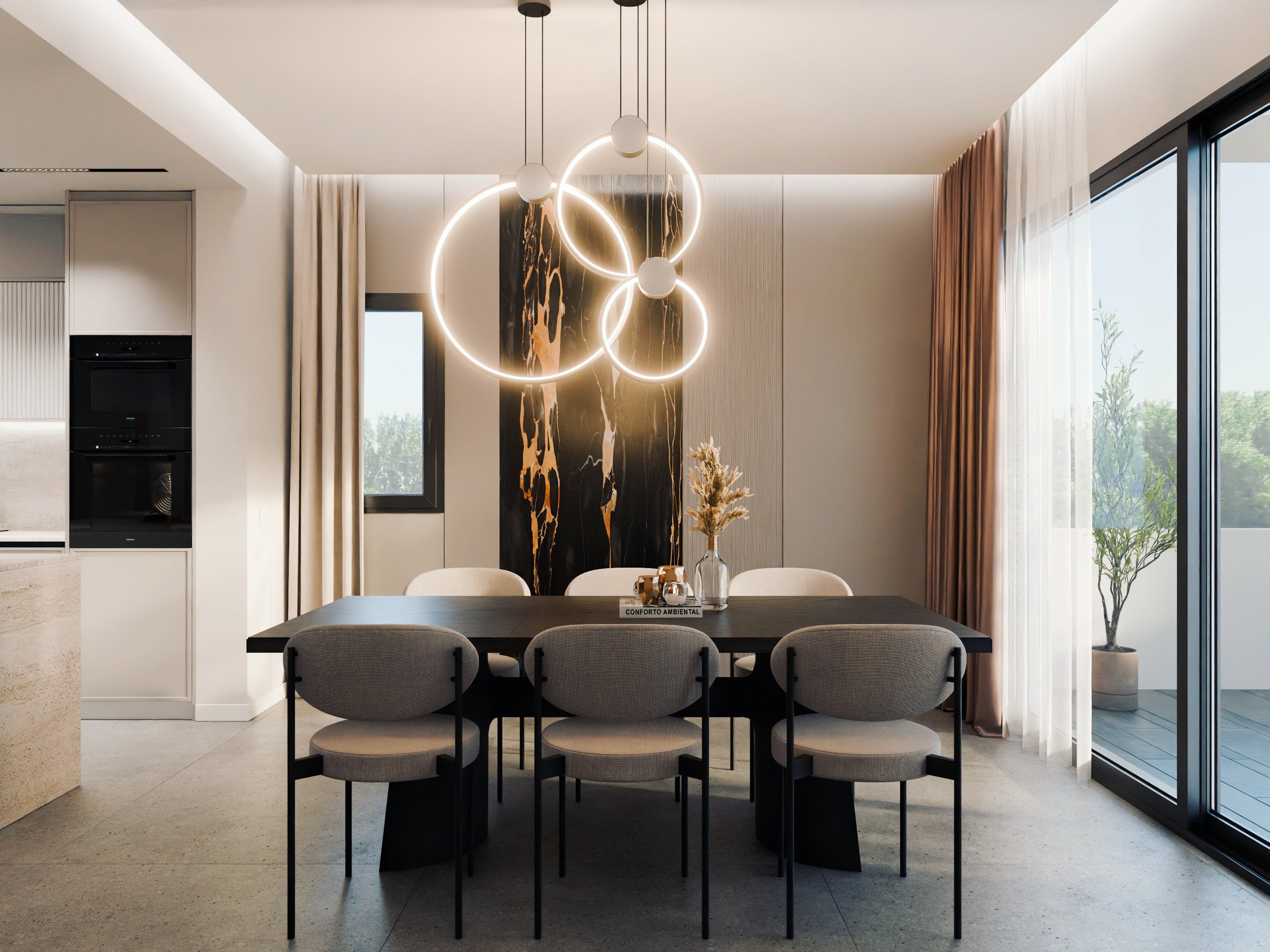 Culinary craft meets timeless sophistication at the Emerald Retreat.

Every detail in this open-plan kitchen and dining area is designed to evoke a sense of quiet luxury. From the tactile richness of the fluted cabinetry and the warm glow illuminatin