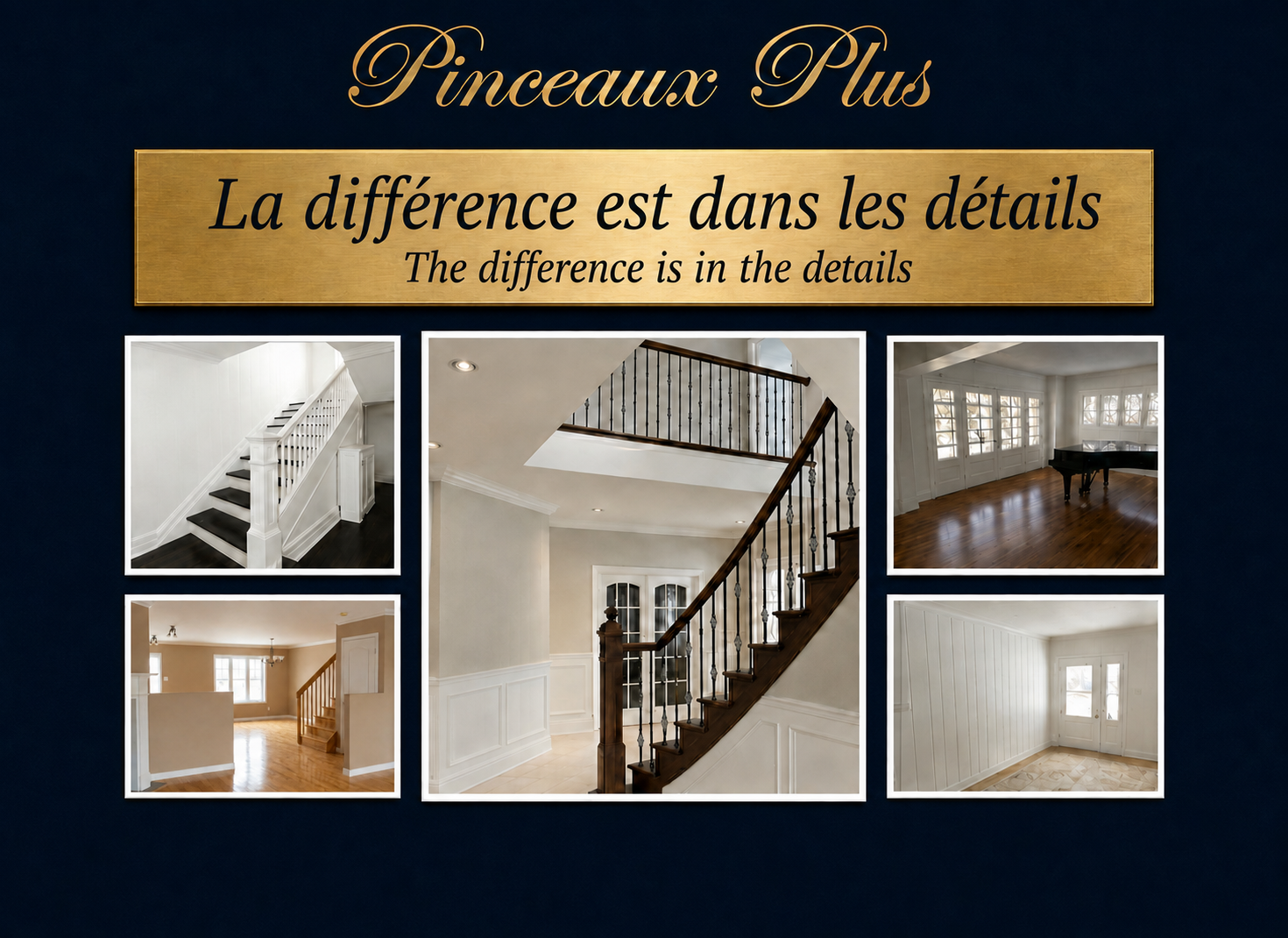 Pinceaux Plus interior home painting project collage showing finished staircases, trim, walls, and bright residential interiors in Beaconsfield and the West Island Montreal homes.