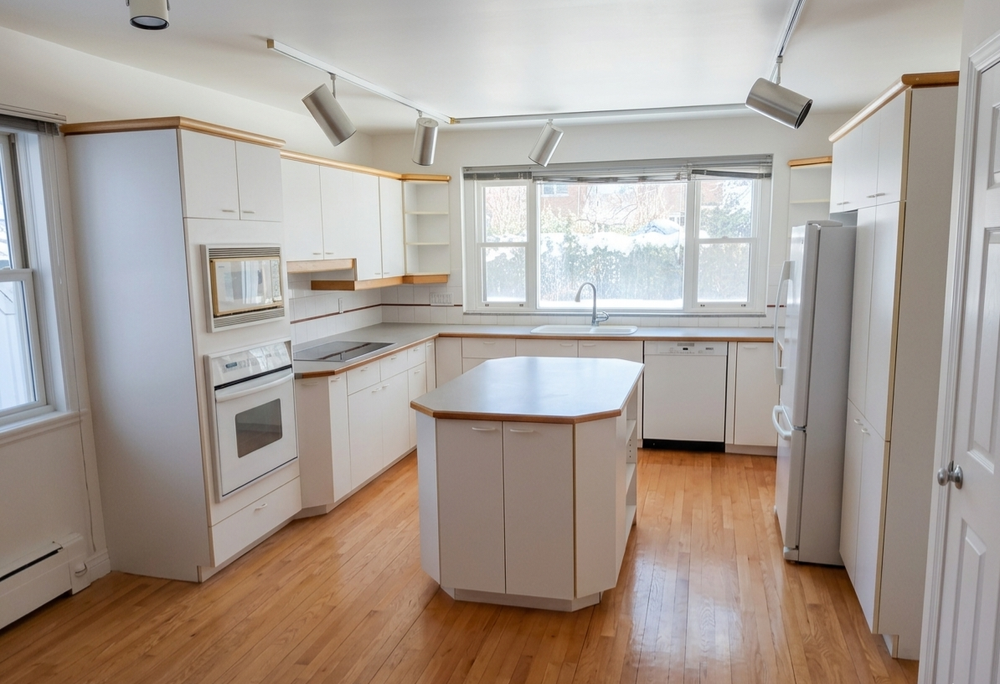 Bright white kitchen with a centre island and wood flooring