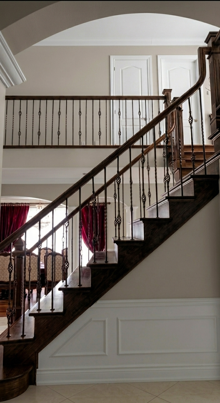 Bois-Franc two-storey interior stairwell with painted walls and architectural trim