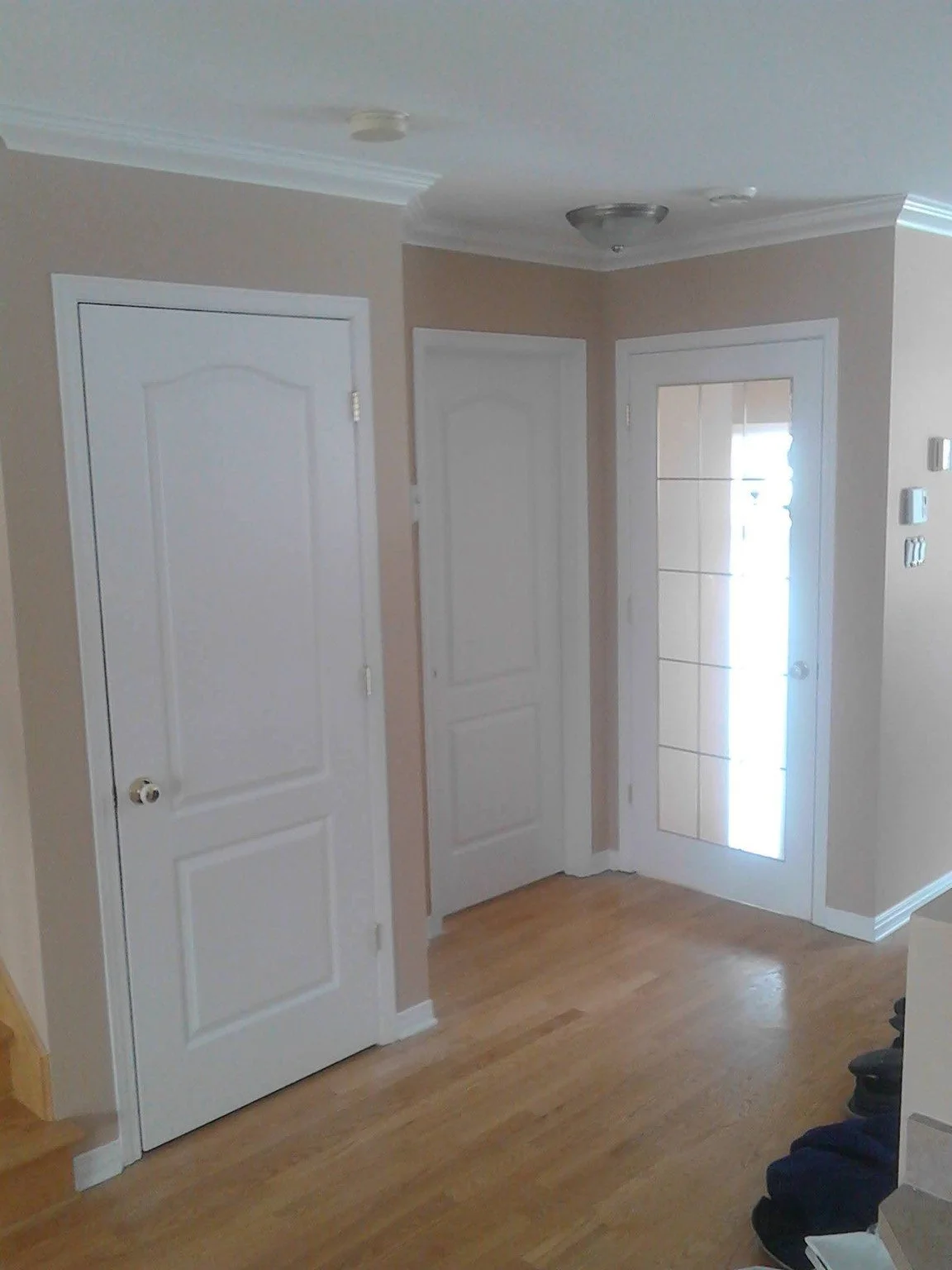 Dollard-des-Ormeaux living area with painted walls, white doors and wood flooring
