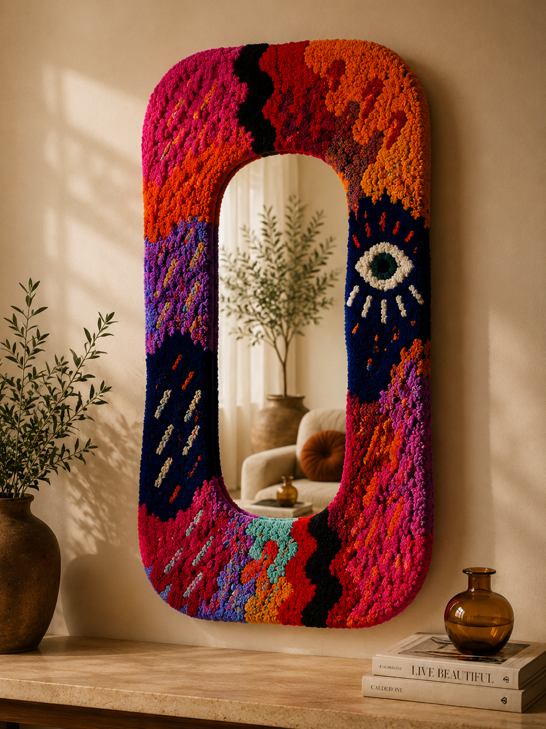 Miroir en tufting "Collection vibes", création textile contemporaine réalisée à la main par AKOU.