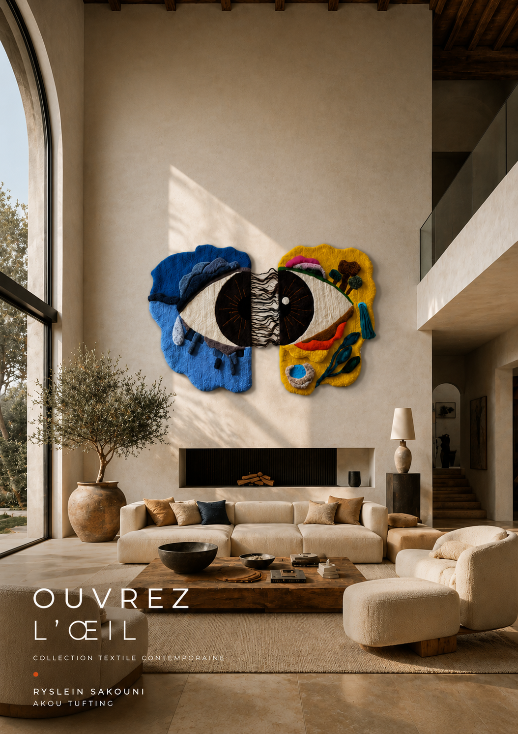 Œuvre murale en tufting "Ouvrez l'oeil", création textile contemporaine réalisée à la main par AKOU.