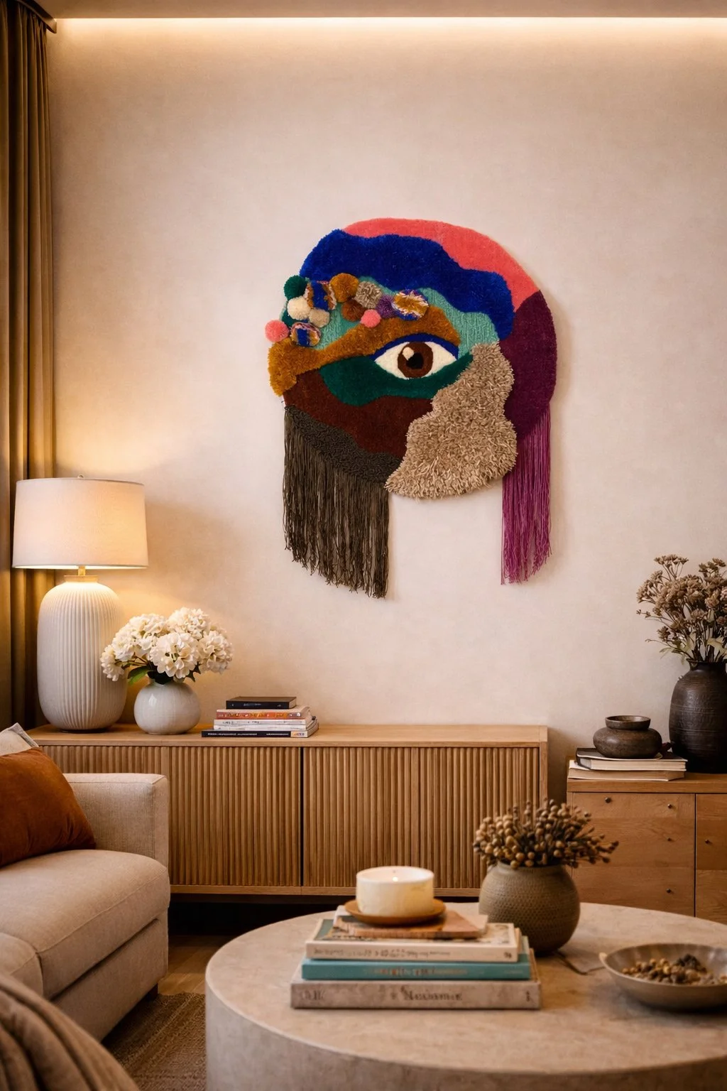 Œuvre textile contemporaine "La Porte de l'Âme", réalisée à la main en tufting manuel, installée au-dessus d'une console dans un intérieur contemporain.