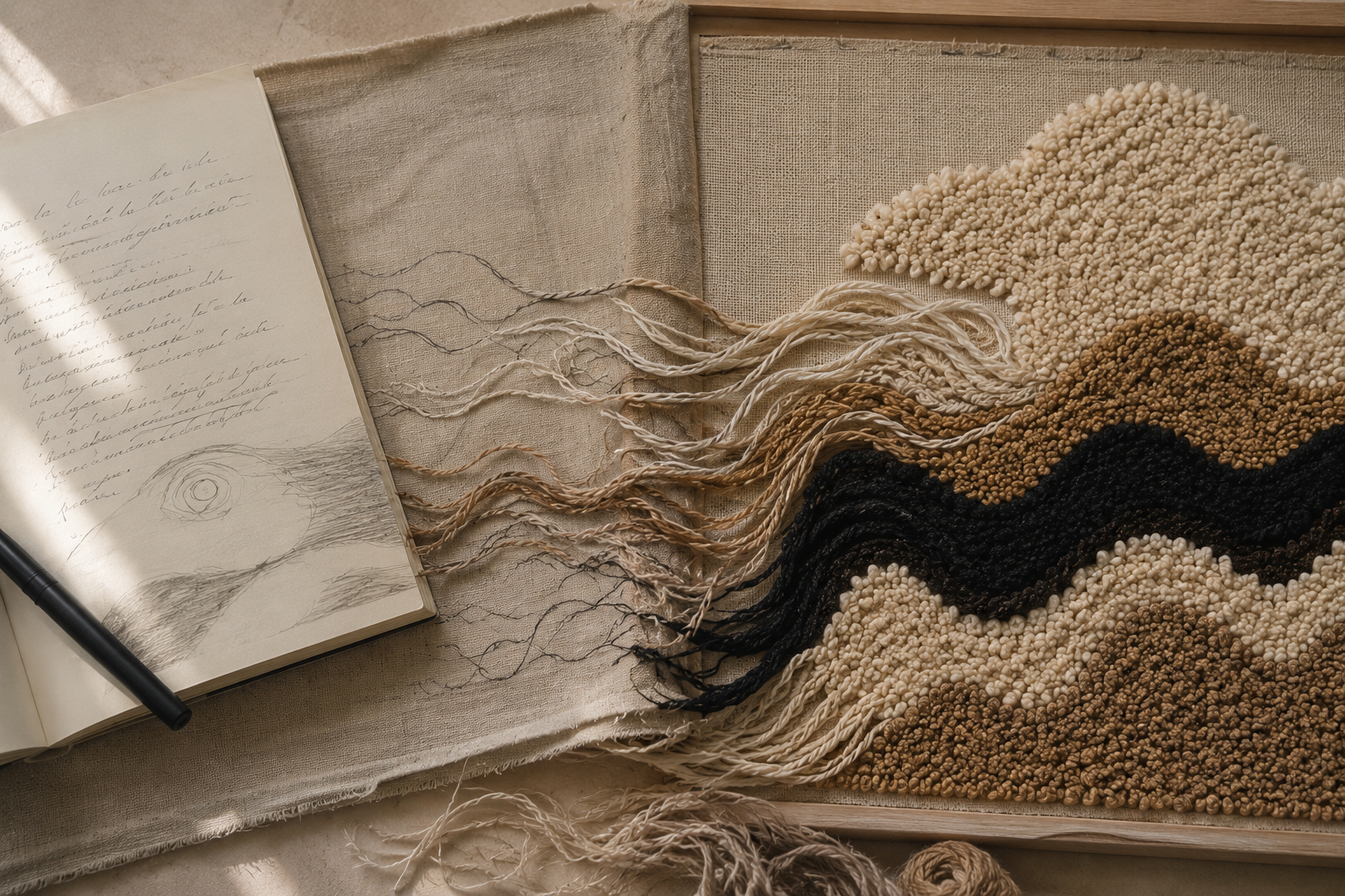 Le tufting comme langage artistique : carnet d’écriture, fils de laine et œuvre textile tuftée.