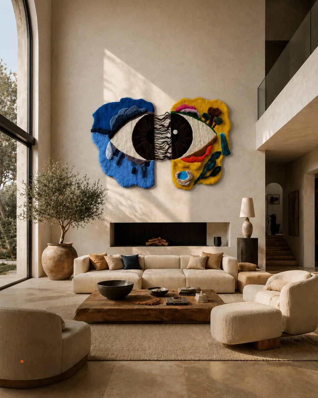 Œuvre textile monumentale de la collection "Ouvrez l'œil", réalisée à la main en tufting manuel, installée au-dessus d'un canapé dans un salon contemporain.