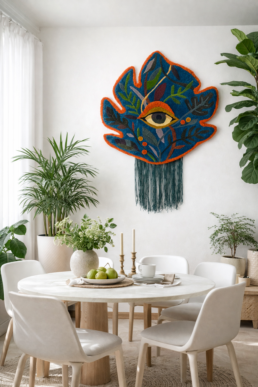 Œuvre textile contemporaine "Respire encore", réalisée à la main en tufting manuel, installée sur le mur d'un intérieur lumineux entouré de plantes.